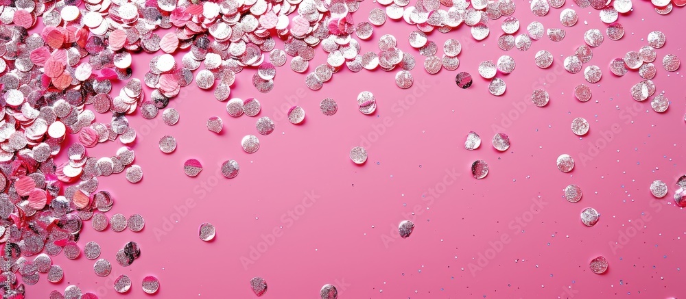 Poster pink background adorned with shiny silver sequins is an ideal festive backdrop for your projects or 