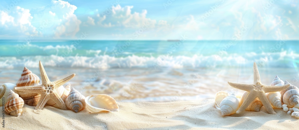 Poster the tranquil beach showcases white sand starfish coral reefs and lovely snail shells against a seren