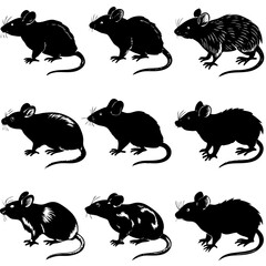 Silhouettes of various types of mice on a white background