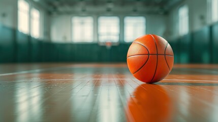 Obraz premium An Indoor Basketball Court With An Orange Ball On The Wooden Floor, Ready For Play, Wallpaper Pictures, Background Hd