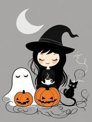 Fototapeta premium Cute Witch with Ghost, Black Cat, and Jack-o'-Lanterns