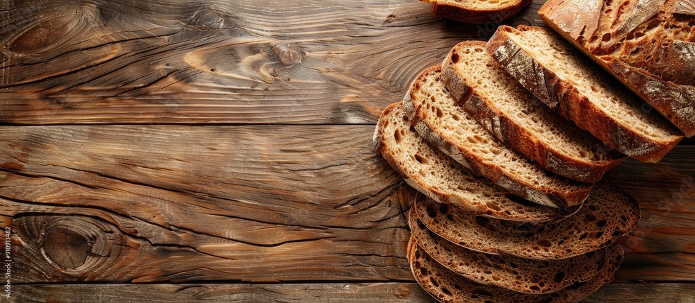 Poster wooden background holding sliced bread creating a copy space image