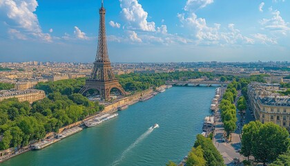 Aerial view shows the magnificent Eiffel Tower and the Seine River in beautiful Paris