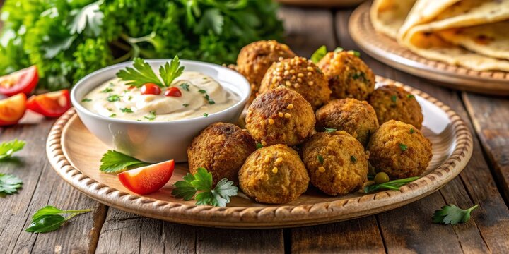 Un plato de falafel crujiente servido con hummus cremoso y decorado con perejil fresco y rodajas de tomate. Las bolas de falafel est&aacute;n perfectamente cocidas y se presentan sobre un plato de cer&aacute;mica, 