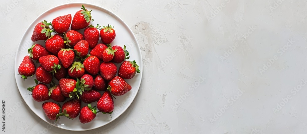 Poster Strawberries arranged on a plate with a white backdrop ideal for a copy space image