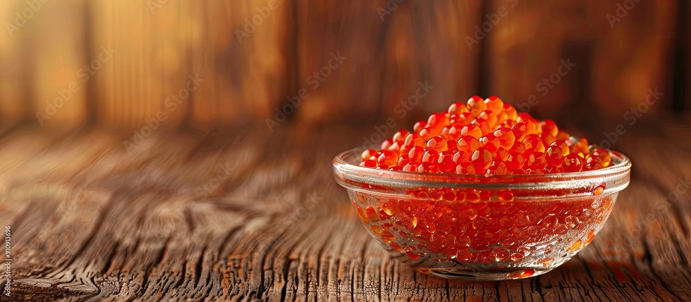 Poster glass bowl with red caviar on wood background with copy space image