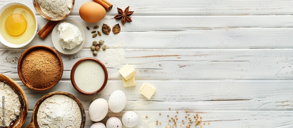 Poster displayed on a white wooden table are various baking ingredients like wheat flour eggs butter sugar 