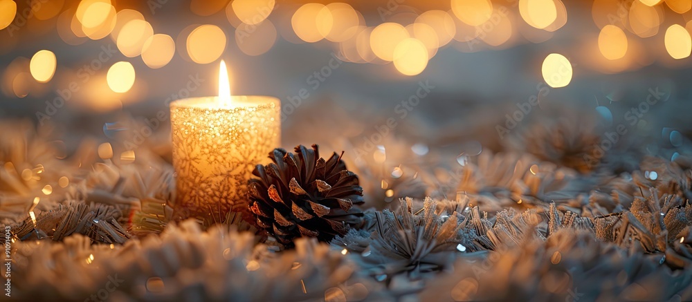Poster Holiday decorations with a shiny pine cone and a candle on a fluffy carpet against a backdrop of bokeh lights creating a warm festive atmosphere with room for a copy space image