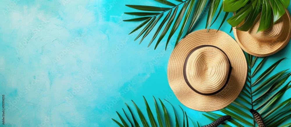 Aufkleber summer holidays depicted through a flat lay image featuring a straw hat and tropical leaf with a top