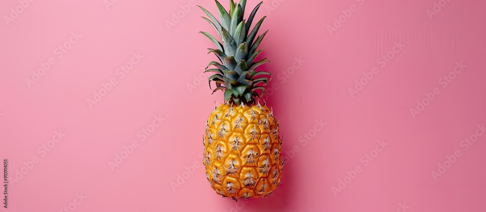 Poster a minimalistic style photograph of a vibrant pineapple on a pink backdrop shot from above providing 
