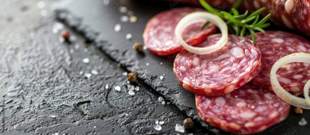 Poster a macro shot of fresh salami slices with onions on a black board perfect for a copy space image