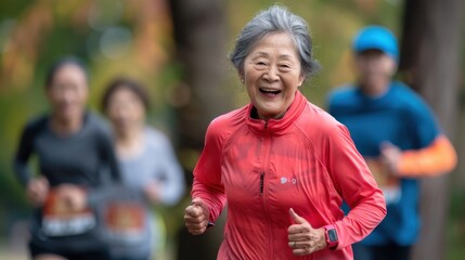 An elderly woman runs happily with other participants in a park, celebrating fitness in the autumn season