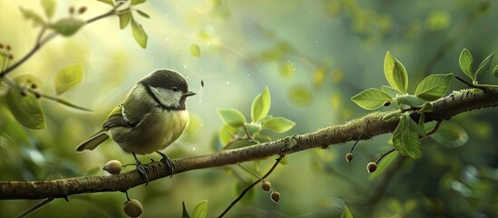 In the forest a tit searches for food at a feeder on a branch creating a picturesque scene with ample copy space image