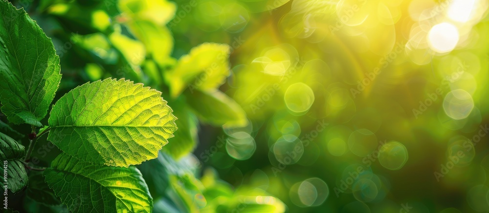 Poster green leaf with copy space image against a blurred greenery background in a garden illuminated by su
