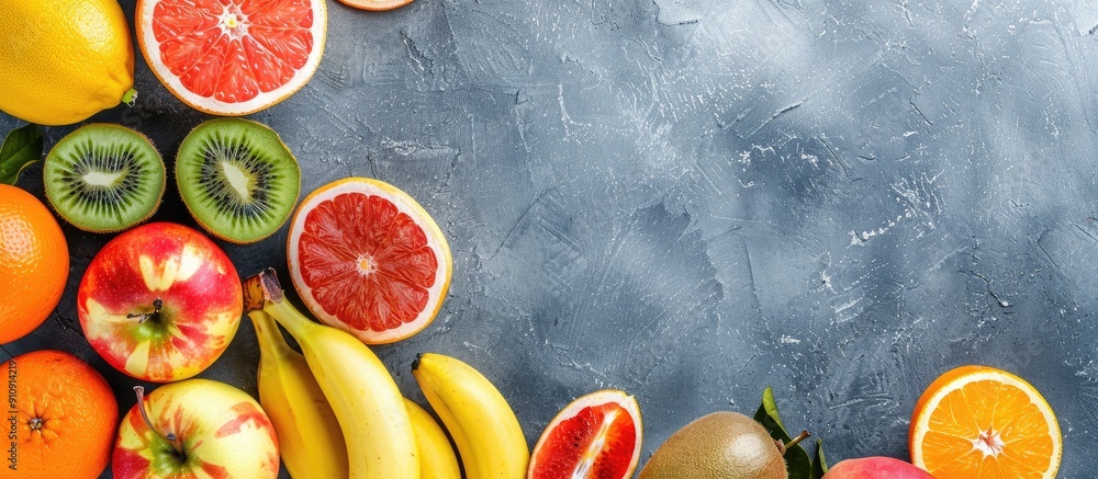 Poster Fresh and colorful fruits like oranges bananas apples kiwis and grapefruits arranged on a gray tabletop in a flat lay view with a fruit themed copy space image in the background