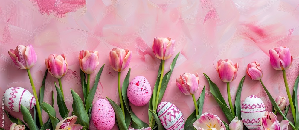 Aufkleber pink tulips and easter eggs viewed from the top on pink background with copy space image available