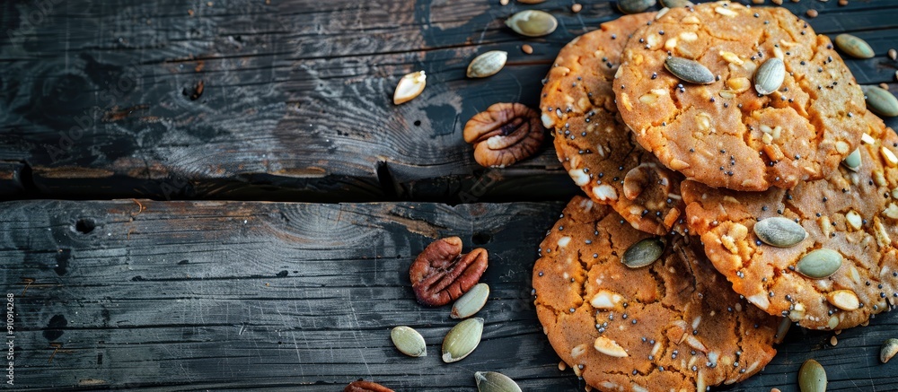 Poster fitness cookies with pumpkin seeds nuts on a wooden table in monochrome colors flat lay with copy sp