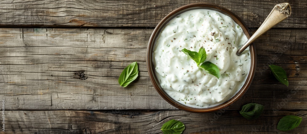 Aufkleber traditional tzatziki displayed on a wooden backdrop beside a spoon with room for text in the copy sp