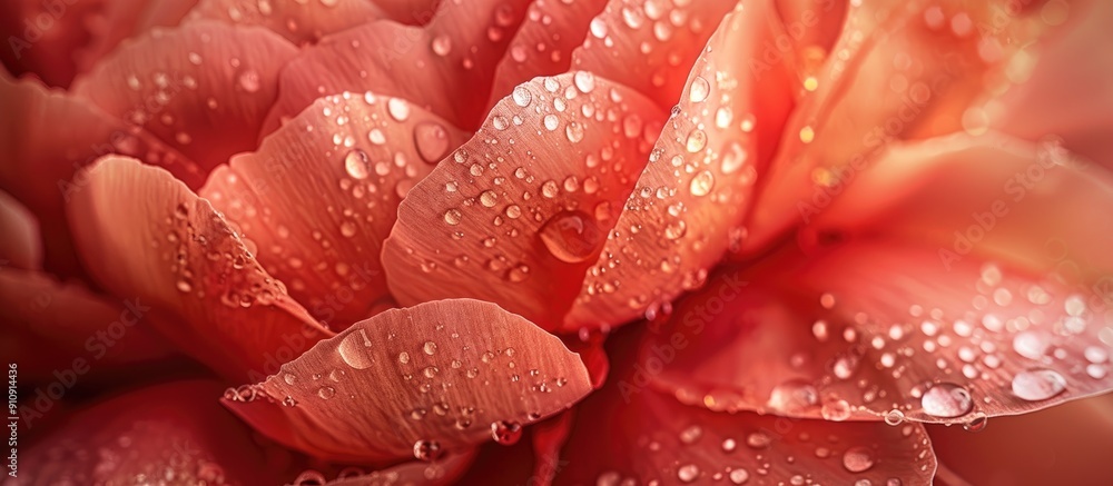 Poster Macro shot of coral red peony petals with water drops creating a textured background for your design with copy space image
