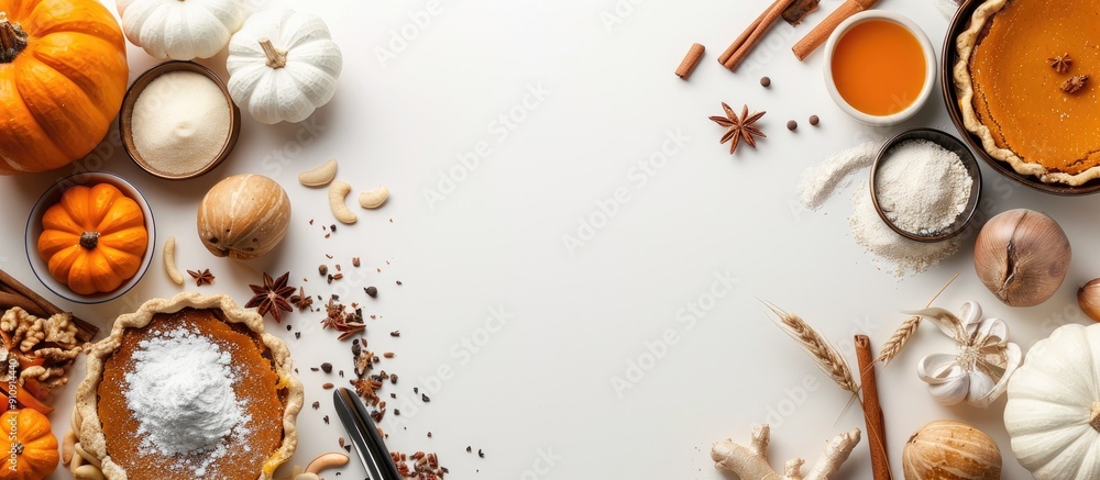 Aufkleber Ingredients for making pumpkin pie arranged in a frame on a white background ideal for a copy space image