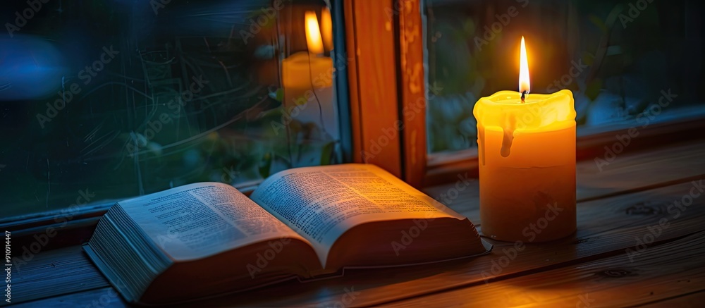 Aufkleber a serene ambience is created with candlelight illuminating a book on a table corner at night providi