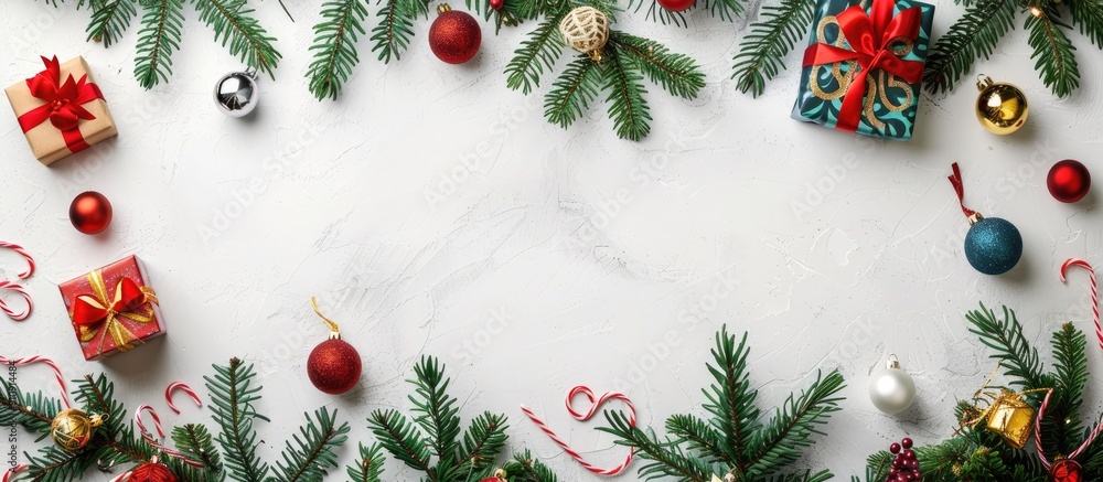 Leinwandbilder a festive christmas backdrop featuring tree branches and colorful gift boxes and baubles on a white 