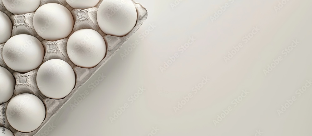 Poster Top view of white chicken eggs in packaging on a light background with copy space image representing natural healthy food and organic farming a minimalistic background with an Easter theme
