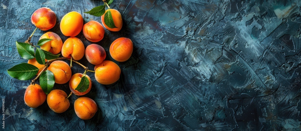 Poster organic apricots neatly stacked on a rustic concrete table showcasing a harvest of fresh local produ
