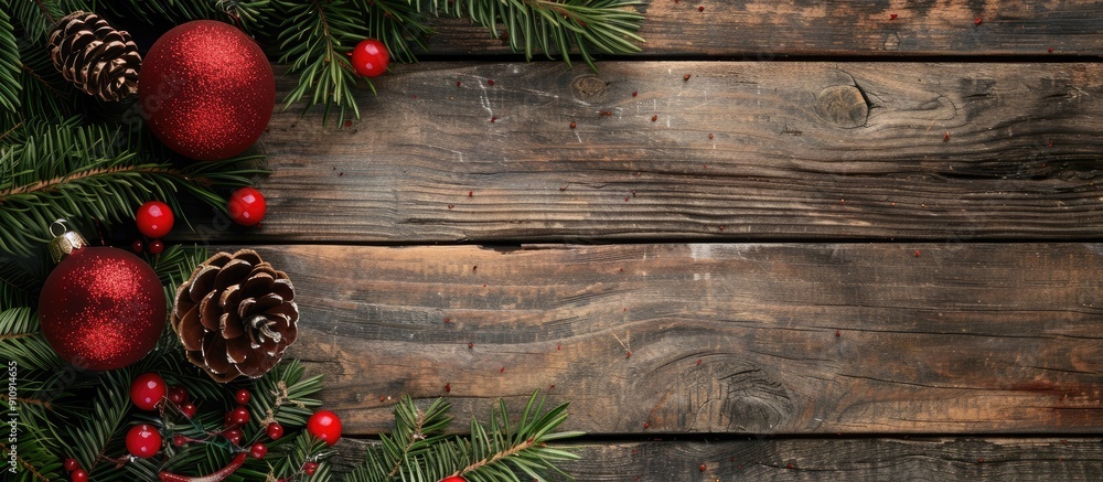 Poster festive christmas tree decorations set against a rustic wooden backdrop with copy space image