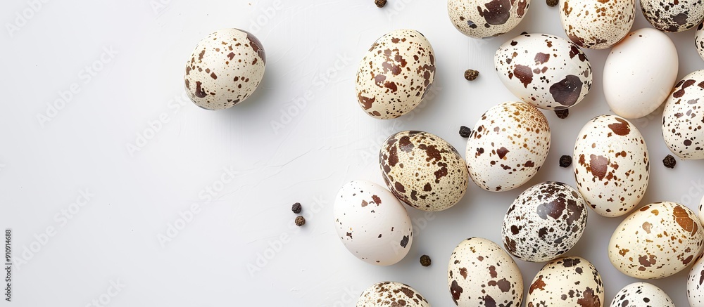 Poster Top view of uncooked quail eggs on a white background for a protein rich diet highlighting healthy food concept Flat lay with ample copy space image