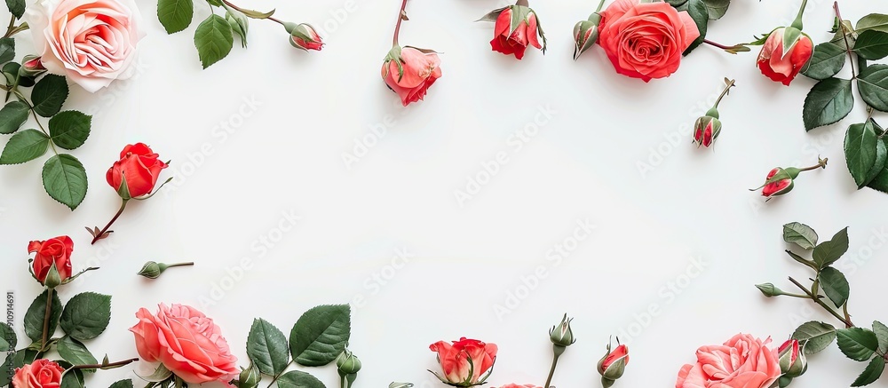 Poster Top view of a frame created with rose flowers against a white backdrop ideal for flat lay design with available copy space image
