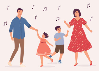 Happy Family With Two Children Dancing Together With Music.