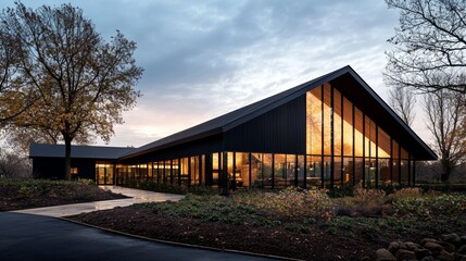 Modern architecture showcasing a sleek, glass-fronted building at dusk, surrounded by nature and vibrant landscaping.