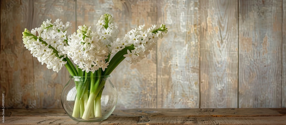 Poster White hyacinths displayed in a transparent vase on a wooden table with a wood background providing substantial copy space image