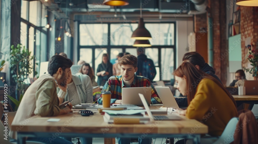 Poster a group of people are sitting around a table in a cafe, working on laptops