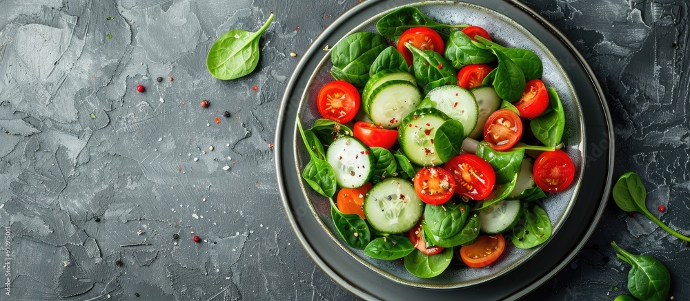 Poster Plate with a vegetarian salad containing cucumber tomato and spinach displayed as a copy space image