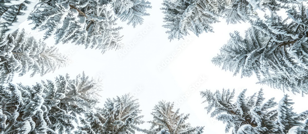 Poster Snow covered pine trees viewed from below with a clear white sky in the background providing a great copy space image