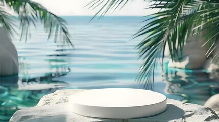 Obraz premium Oceanfront White Minimalist Podium: Serene Product Display Setting