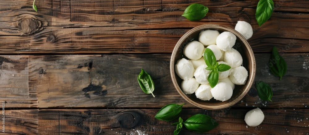 Aufkleber top view of a wooden table with a bowl containing delicious mozzarella balls and fresh basil leaves 