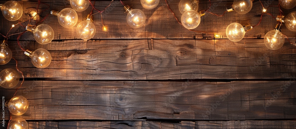 Aufkleber a festive garland of light bulbs on a wooden backdrop with room for text in a copy space image
