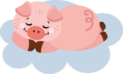 Cute pig sleeping on blue cloud