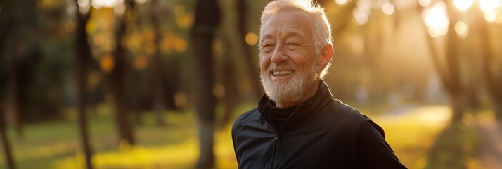 A senior man smiling and wearing a black jacket enjoys the warm autumn sunlight in a peaceful park, radiating joy and calm.