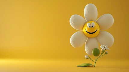 A cartoon daisy flower with a smiley face on a yellow background.