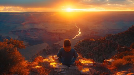 Obraz premium A peaceful moment on the South Kaibab Trail at the Grand Canyon, with a solitary hiker resting and admiring the vast expanse of the canyon, soft golden light, and the river below. DSLR,