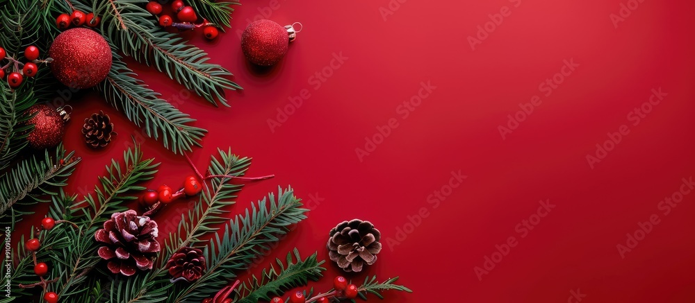 Aufkleber festive christmas arrangement with green fir branches and decorations on a red backdrop evoking the 