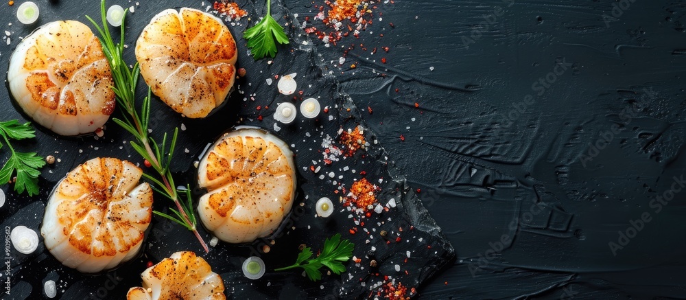 Poster scallops with seasoning seen from above against a black background providing ample space for additio