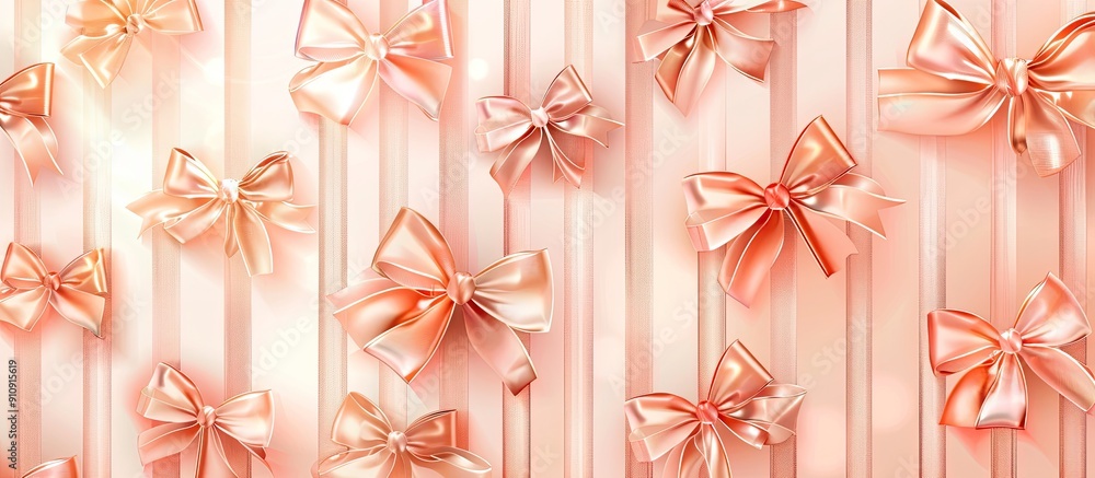 Poster romantic postcard design template with a pastel striped background adorned by shining rose gold bows