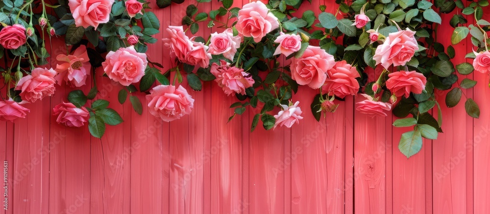 Poster pink wooden backdrop adorned with vibrant roses and ample copy space image