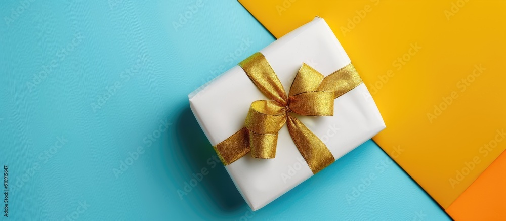 Poster a holiday gift beautifully wrapped in white paper with a gold ribbon on a colorful background the pr