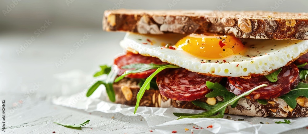 Aufkleber sandwich with salami arugula cheese and egg on rye bread on a white background for toning with copy 